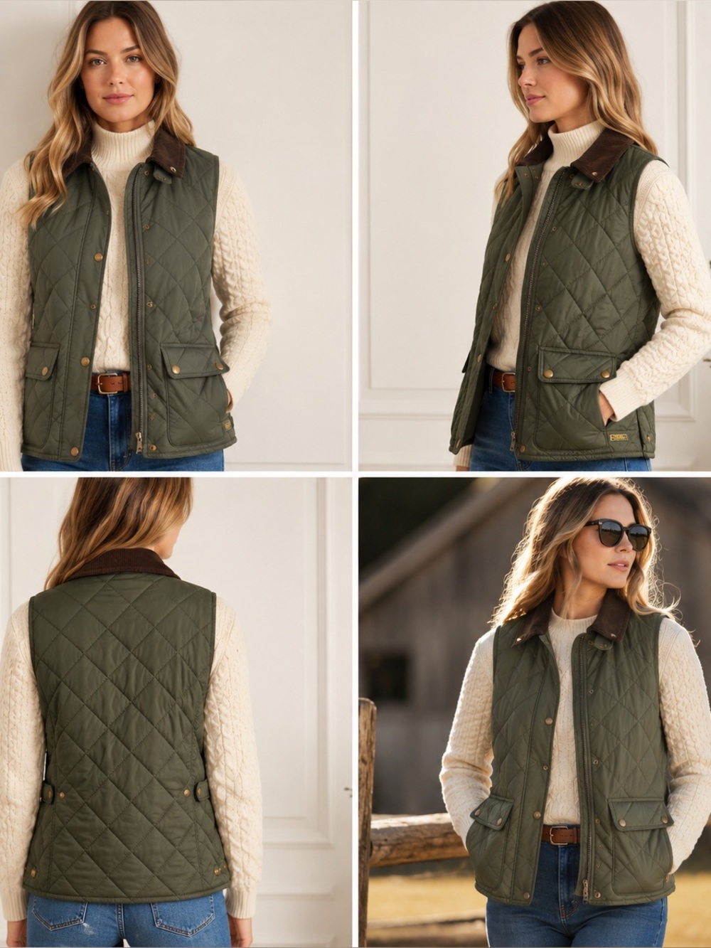 Polo Ralph Lauren Quilted Olive Green Vest with Brown Corduroy Collar